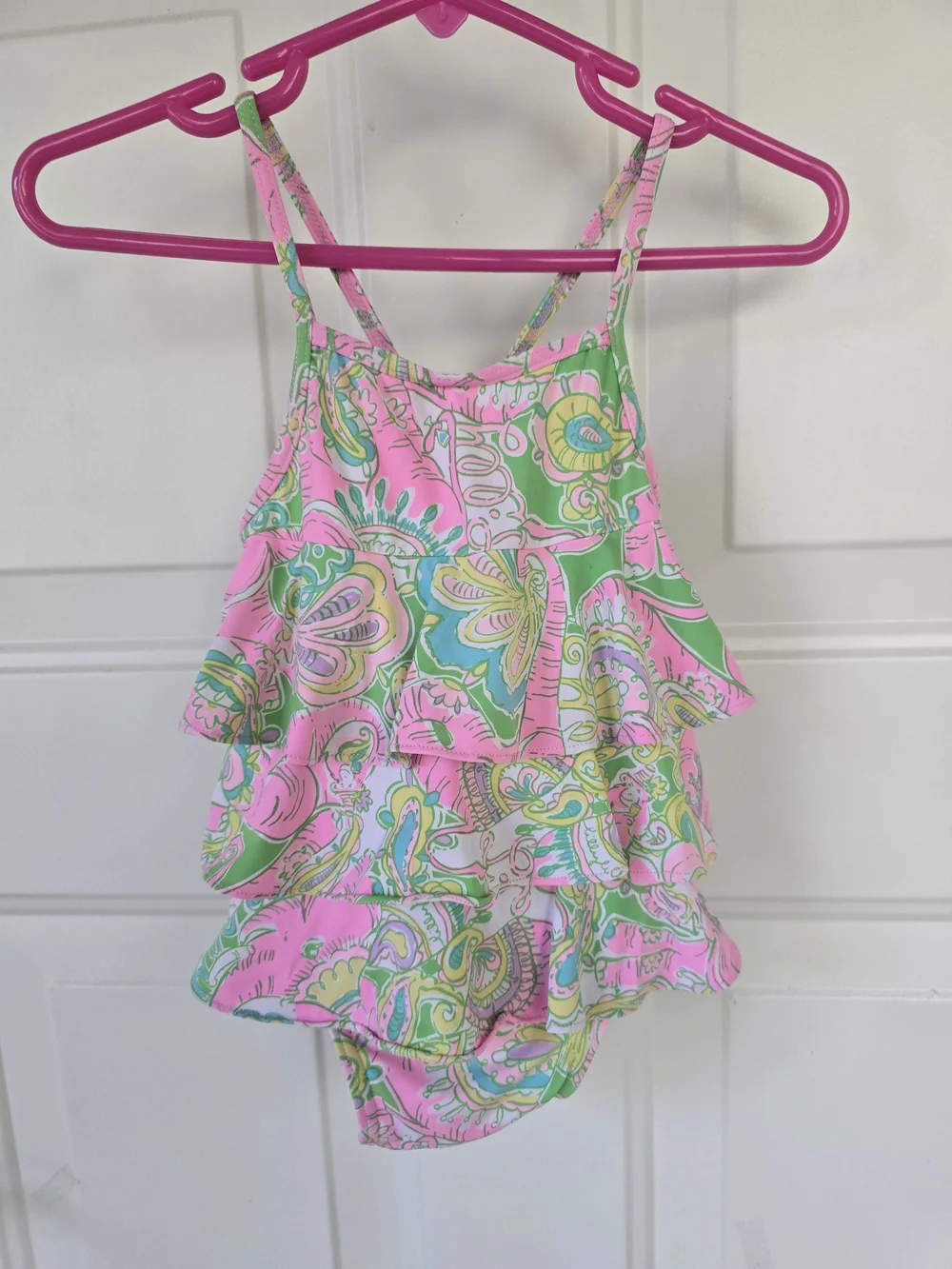 Lilly Pulitzer Pink, Green & Blue Paisley Ruffle Girl Swimsuit Infant 6-12 Month